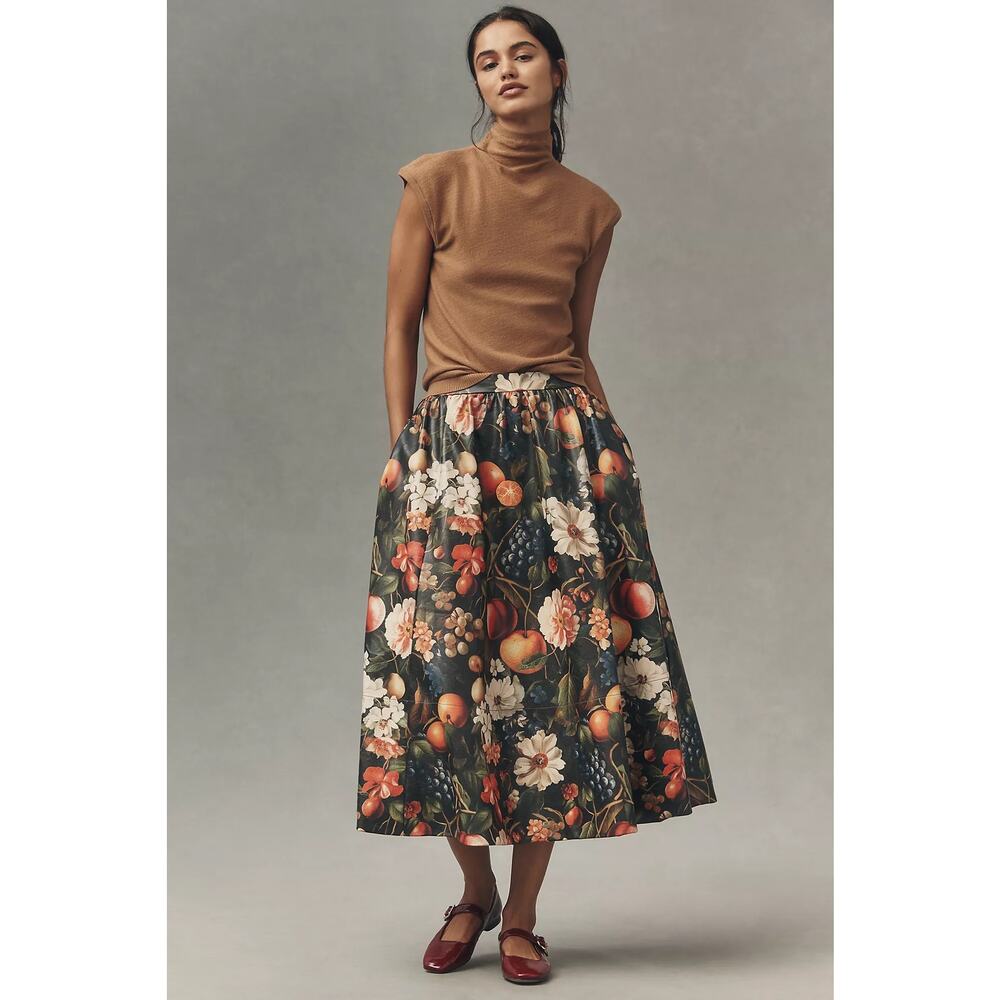 nwt ANTHROPOLOGIE MAEVE sz S The Jacie Faux Leather Printed Midi Skirt